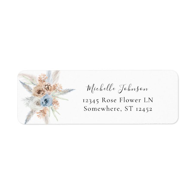 Blau & Beige Boho Blumen-Rücksende-Adressetikett 2 (Vorne)