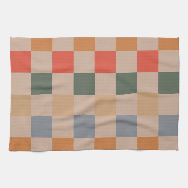 Blau Beige Orange Braun Kariert Gingham-Muster Geschirrtuch (Horizontal)