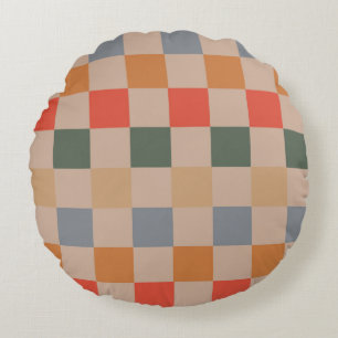 Blau Beige Orange Braun Kariert Gingham-Muster Rundes Kissen