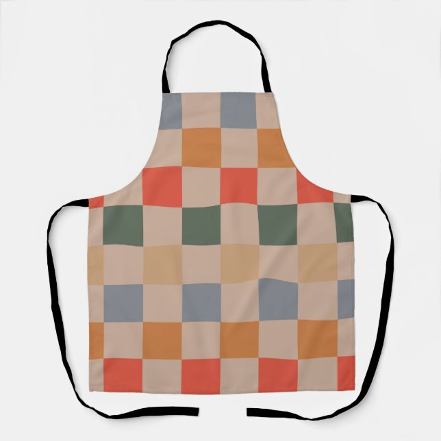 Blau Beige Orange Braun Kariert Gingham-Muster Schürze (Vorderseite)