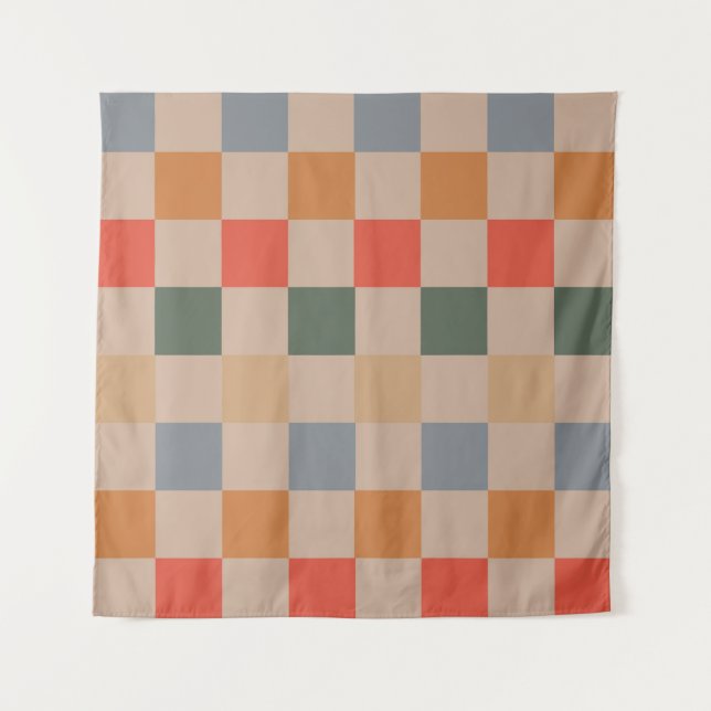 Blau Beige Orange Braun Kariert Gingham-Muster Wandteppich (Vorderseite)