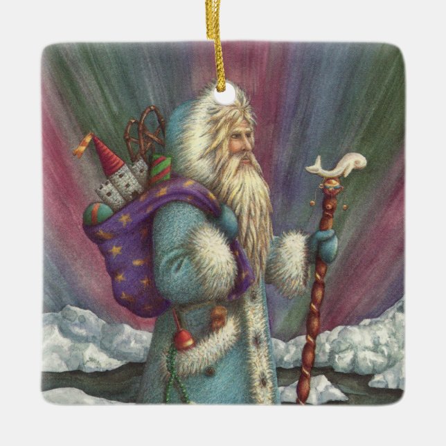 BLAU BELSNICKLE, NORDLICHTE UND PENGUINEN KERAMIKORNAMENT (Vorderseite)