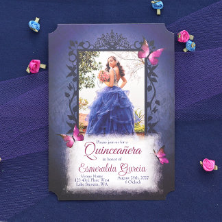 Blau, Berry Pink Schmetterlinge Quinceanera Einladung