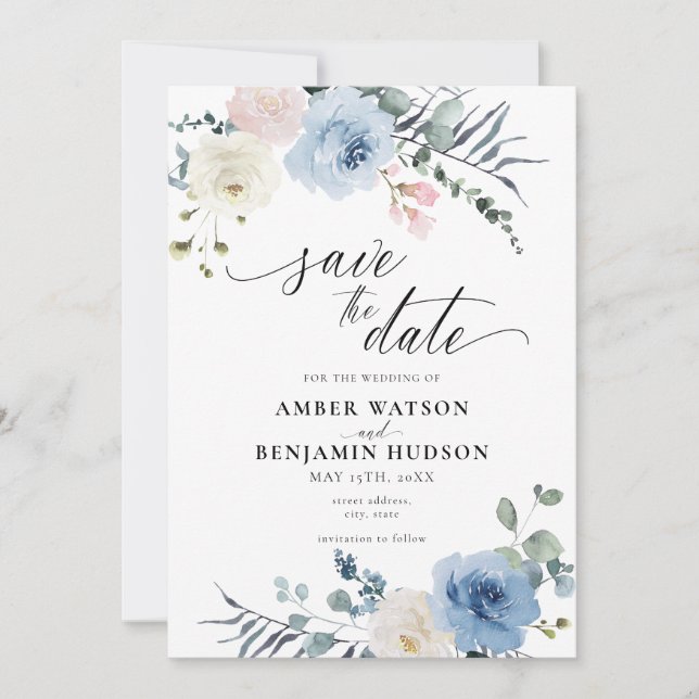 Blau, blau, pink, blau und blass Save the Date Einladung (Vorderseite)