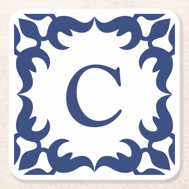 Blau-Blau-Scroll-Monogramm Rechteckiger Pappuntersetzer (Vorderseite)