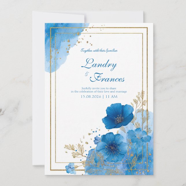 Blau blaue Blütenblume und Goldrahmen Hochzeit Einladung (Vorderseite)