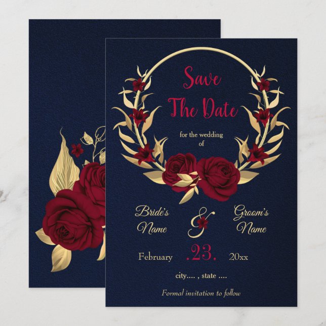 blau-blaue Bordeaux- und Goldblumenkranz Save The Date (Vorne/Hinten)