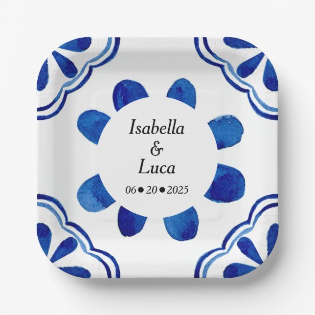 Blau-blaue Floral Tile Aquarell gestrichen Pappteller (Vorderseite)