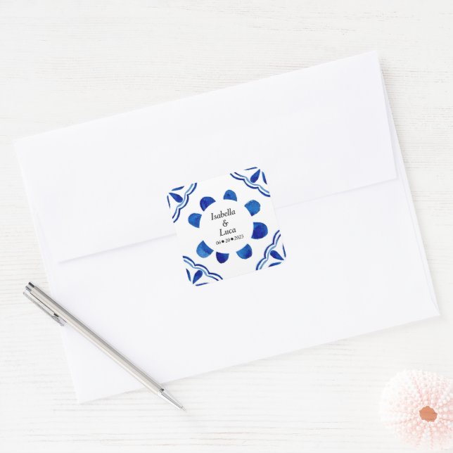 Blau-blaue Floral Tile Aquarell gestrichen Quadratischer Aufkleber (Umschlag)