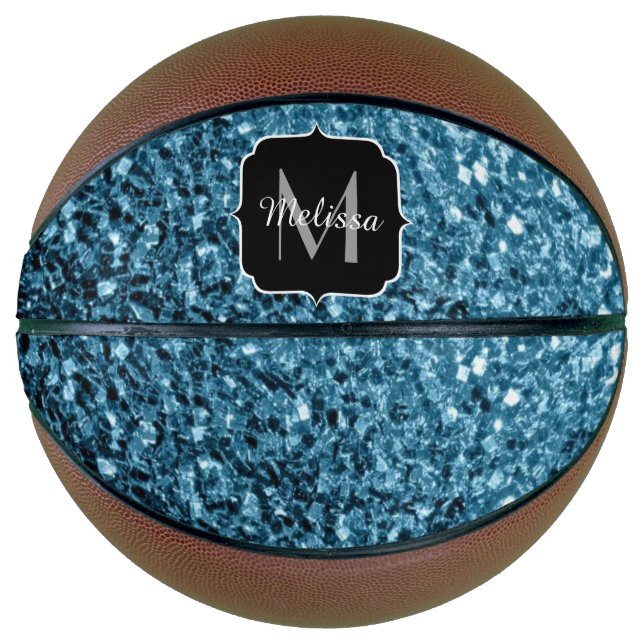 Blau-blaue Imitate Glitzer Funkeln Monogram-Name Basketball (Vorderseite)