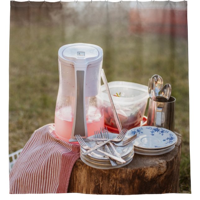 Blau-blaue Keramik Teller und Pitcher Duschvorhang (Vorderseite)