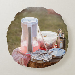 Blau-blaue Keramik Teller und Pitcher Rundes Kissen