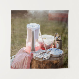 Blau-blaue Keramik Teller und Pitcher Wandteppich