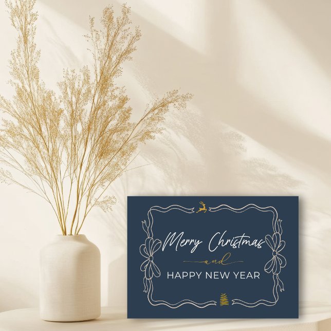 Blau: Bow & Trees Doodles - Faltkarte Karte (Blue: Bow & Trees Doodles Holiday Folded Card)