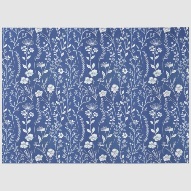 Blau-Chinoiserie-Wildblume Seidenpapier (Vorderseite)