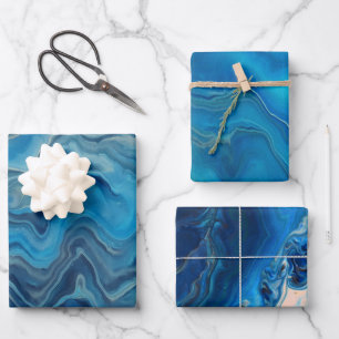 Blau-Cyan-weißer Marmor Akrylabstraktion Geschenkpapier Set