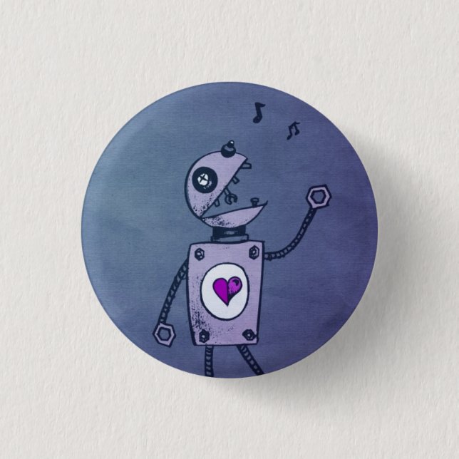Blau, das Retro lustigen Roboter-Cartoon singt Button (Vorderseite)
