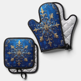 Blau Dekorativ Ofenhandschuh & Topflappen-Set