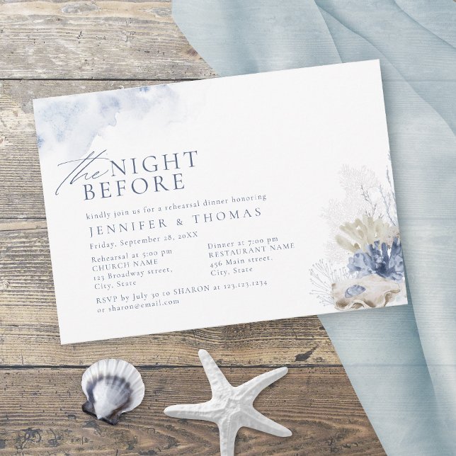 Blau der Nacht vor dem Strand mit Korallen und Mus Einladung (Blue the night before coral & seashells beach invitation)