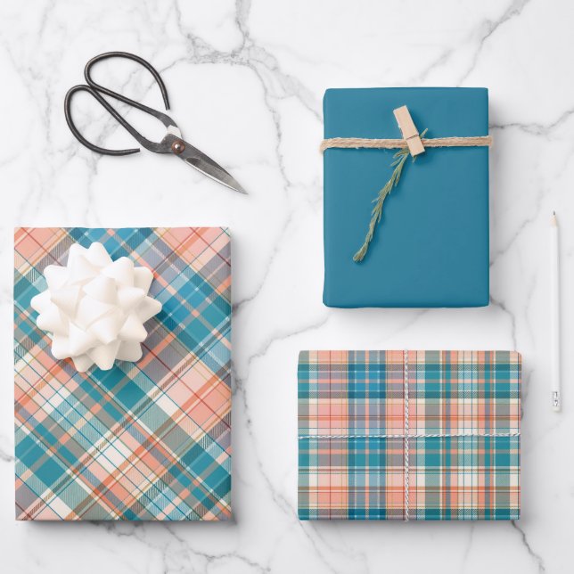 Blau, dunkel Aquamarin, Lachs und Weiß Kariert Geschenkpapier Set (Vorderseite)