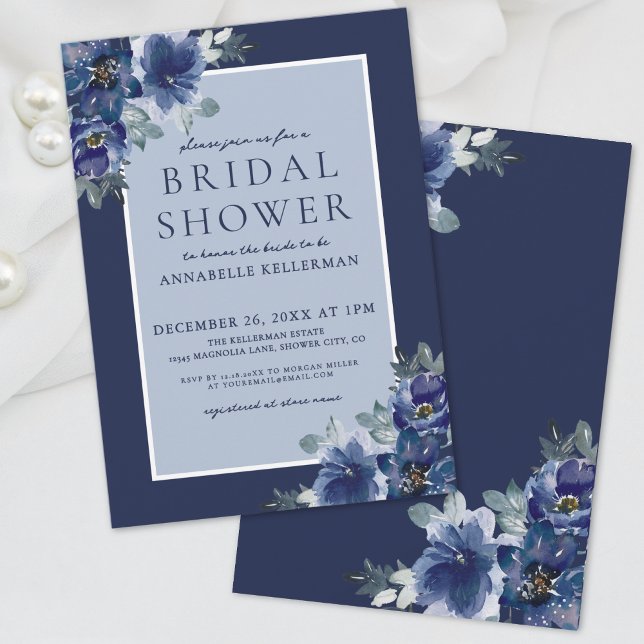 Blau Elegantes Brautparty Einladung (Blue Elegant Watercolor Floral Bridal Shower Invitation)