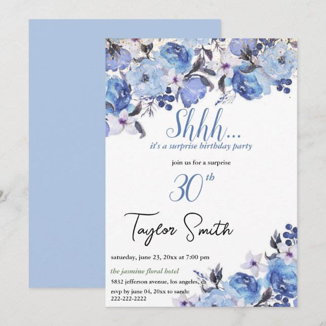 Blau-elegantes Party Floral Überraschung laden Einladung (Vorne/Hinten)