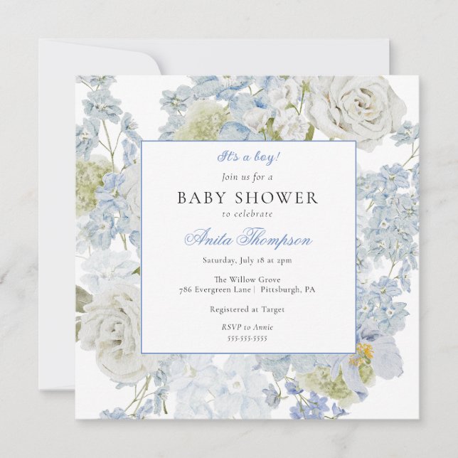 Blau Es ist eine Boy Floral Bow Baby Dusche Einladung (Vorderseite)