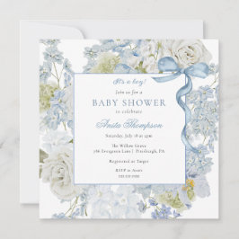 Blau Es ist eine Boy Floral Bow Baby Dusche Einladung