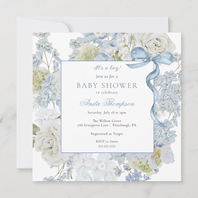 Blau Es ist eine Boy Floral Bow Baby Dusche Einladung (Vorderseite)