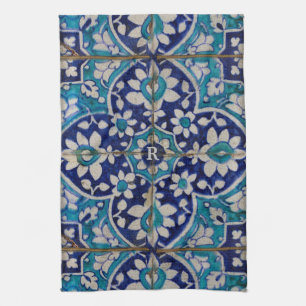 Blau florale Fliesen KücheHandtuch mit Monogramm Geschirrtuch