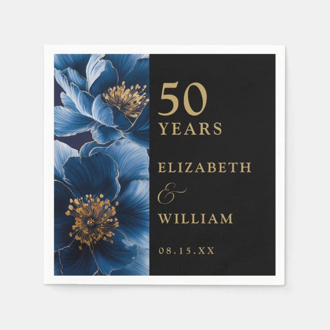 Blau florale Schwarz und Gold Moderne 50 Jahre alt Serviette (Vorderseite)