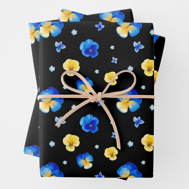 Blau-Gelb-Aquarellfarben Blume Schwarz Geschenkpapier Set (Beispiel)