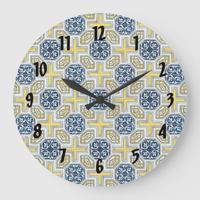 Blau-Gelb geometrische schwarze Blütenzahlen Uhr (Vorderseite)