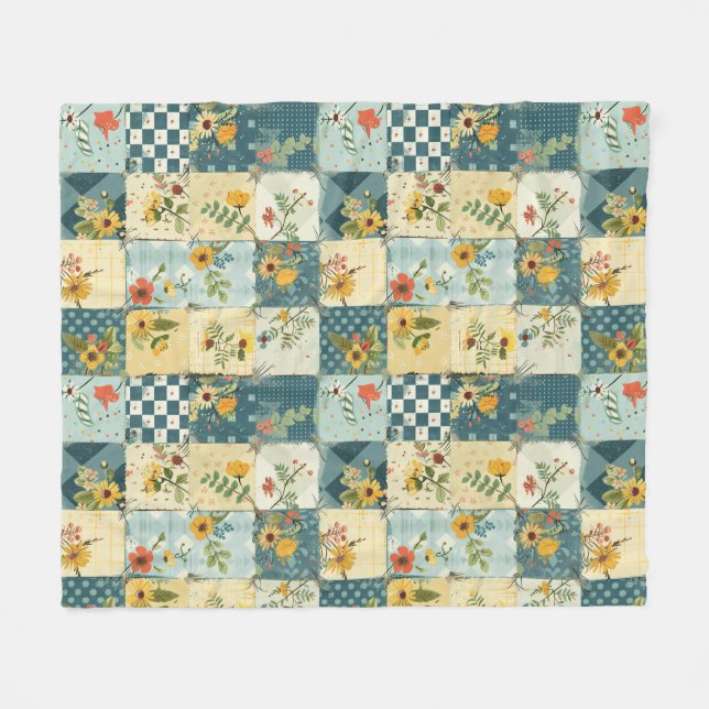 Blau Gelb Grün Quilt Patchwork Gingham Floral Fleecedecke (Vorderseite (Horizontal))