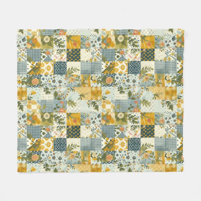 Blau Gelb Grün Quilt Patchwork Gingham Floral Fleecedecke (Vorderseite (Horizontal))
