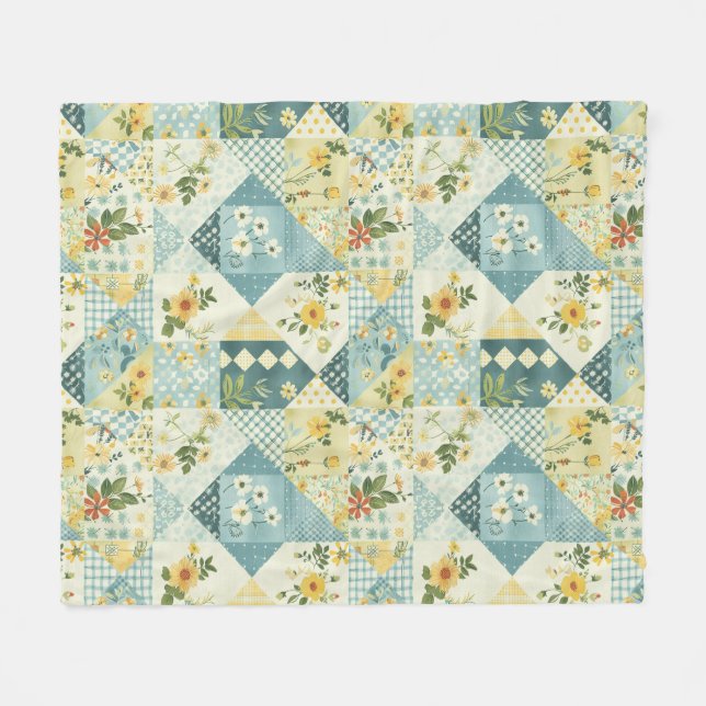 Blau Gelb Grün Quilt Patchwork Gingham Floral Fleecedecke (Vorderseite (Horizontal))