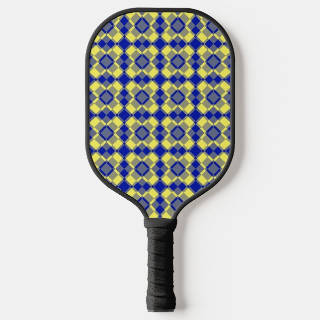 Blau Gelb Karo-Argyle-Muster Pickleball Schläger (Vorderseite)