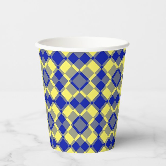 Blau Gelb Karo Argyles Muster Pappbecher (Vorderseite)
