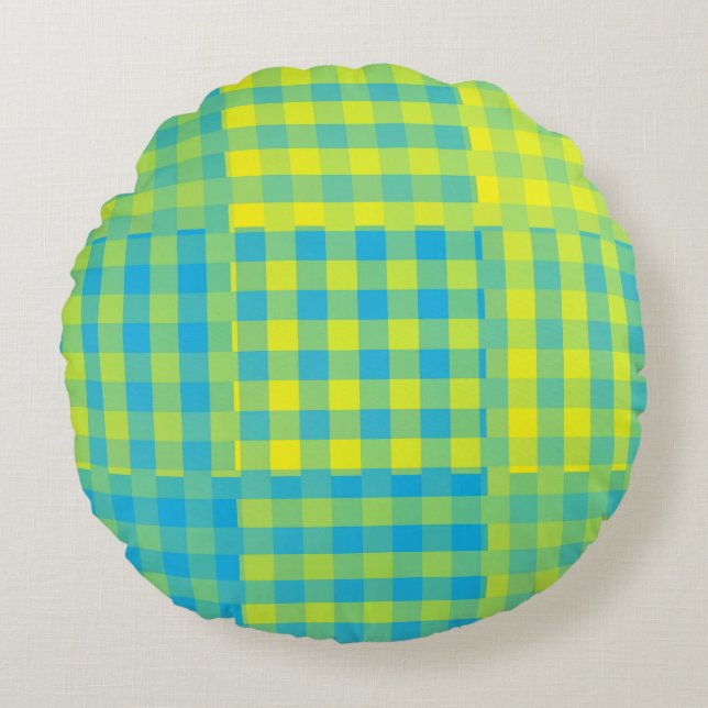 Blau Gelb Karo Patchworkmuster Rundes Kissen (Vorderseite)