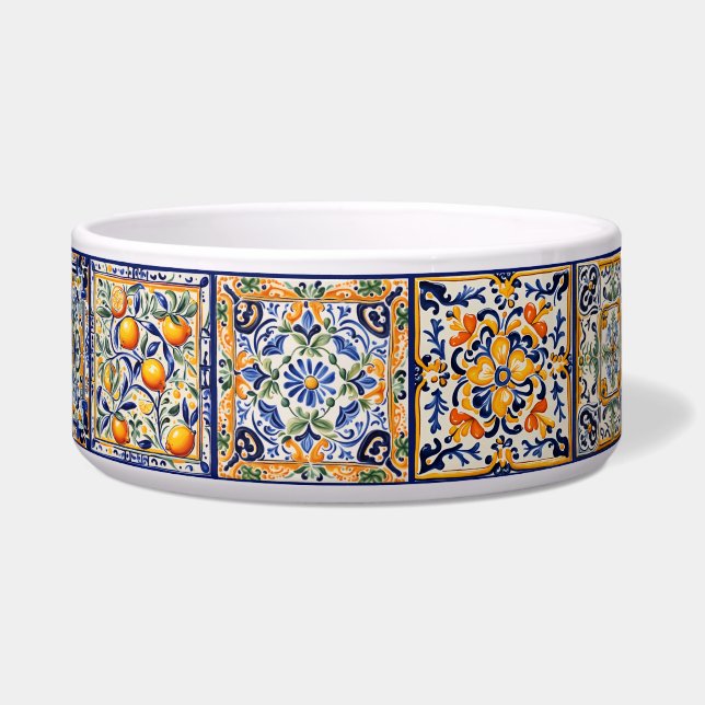 Blau & Gelb Mediterrane Blumen Kunst, Dichtung und Napf (Links)