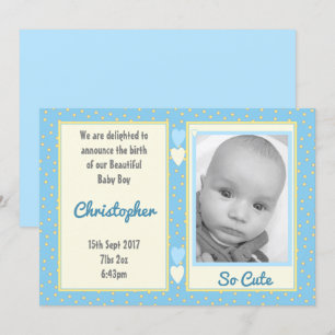 Blau gelb mit Details zur Punktgeburt und Baby-Fot Einladung