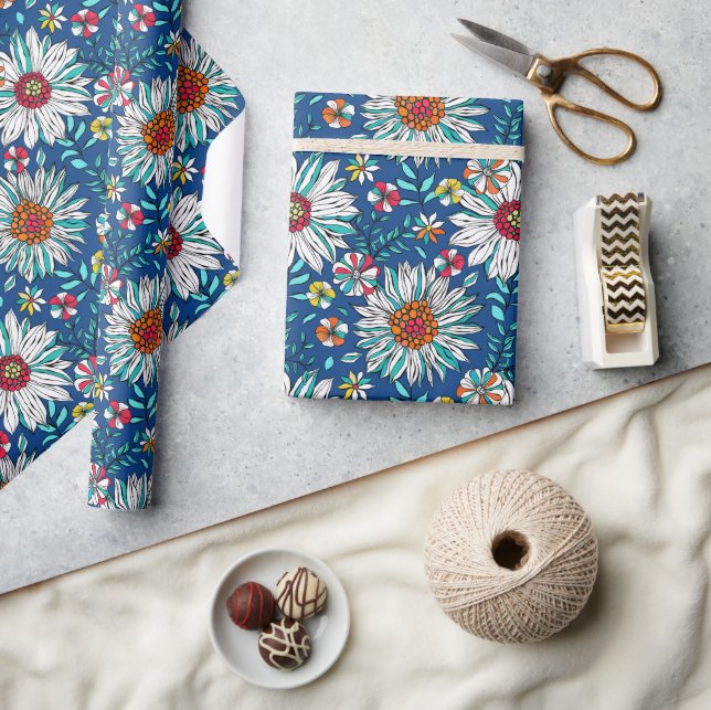 Blau-Gelb-Orange-Blume Muster Geschenkpapier (Kunsthandwerk)