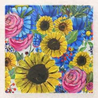 Blau-gelb rosa Floral Nahtlos Glasuntersetzer