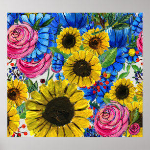 Blau-gelb rosa Floral Nahtlos Poster