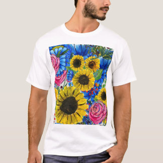 Blau-gelb rosa Floral Nahtlos T-Shirt