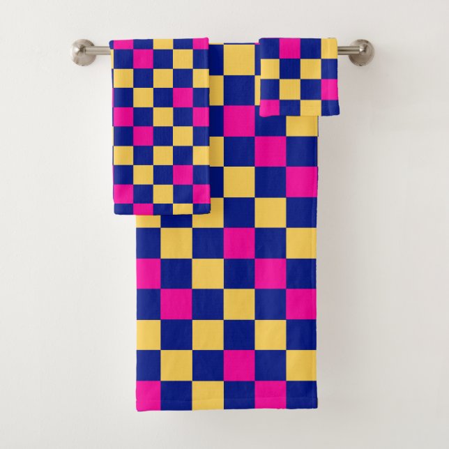 Blau Gelb Rosa Karomuster Design  Badhandtuch Set (Insitu)