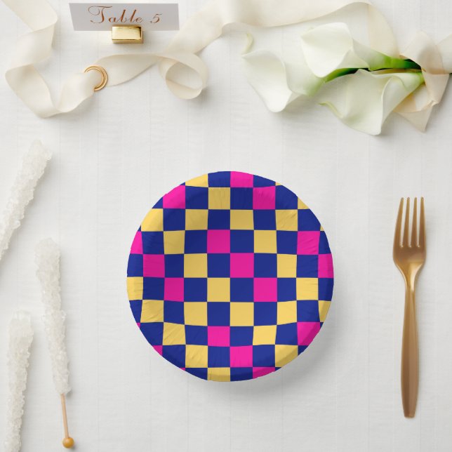 Blau Gelb Rosa Karomuster Design  Pappteller (Hochzeit)