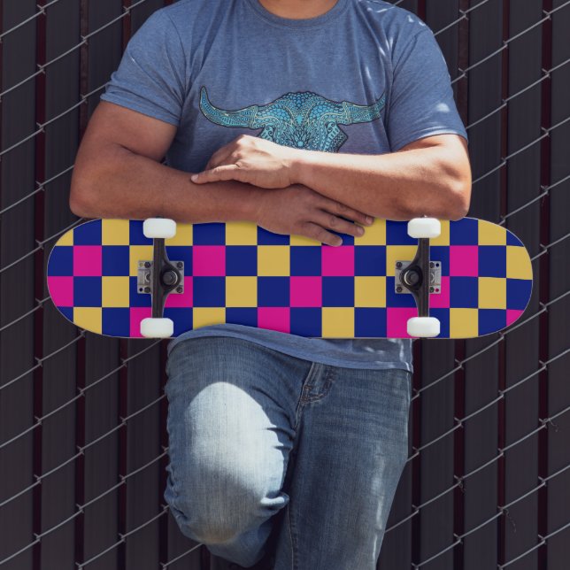 Blau Gelb Rosa Karomuster Design  Skateboard (Außenbereich 3)