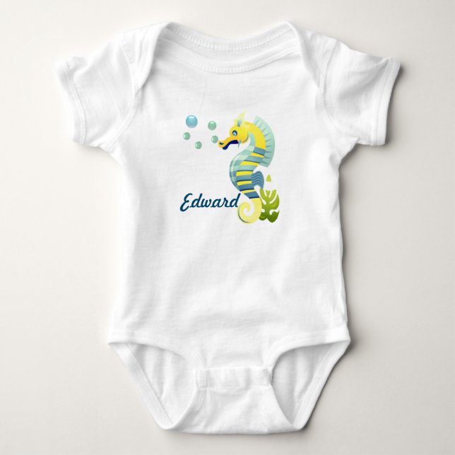 Blau-Gelb-Seepferd Baby Strampler (Vorderseite)