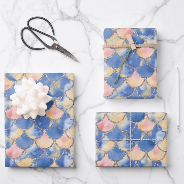 Blau, Gelb und Silber Meerjungenskala Geschenkpapier Set (Vorderseite)